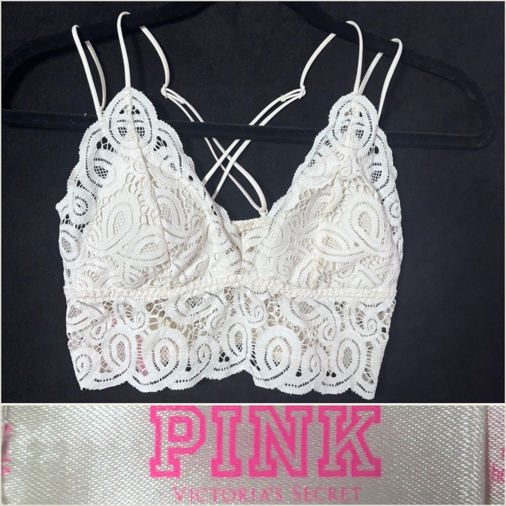 PINK Victoria's Secret S|P Cream Paisley Lace Longline Bralette Strappy Back